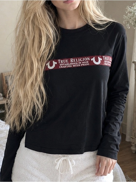 True Religion Tops - TRUE RELIGION Women's Black Essential Stylish Long-Sleeve Logo Crop Top